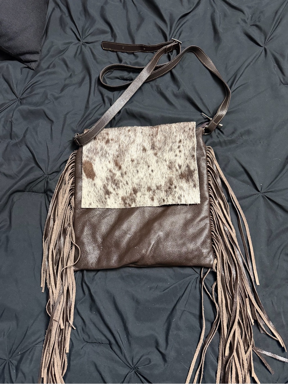 Brown Leather Crossbody with Cowhide Flap and Fringe